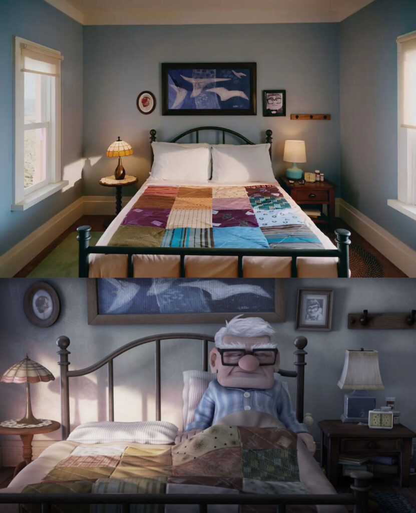 Comparing the bedroom in the Up house between real life and animation.