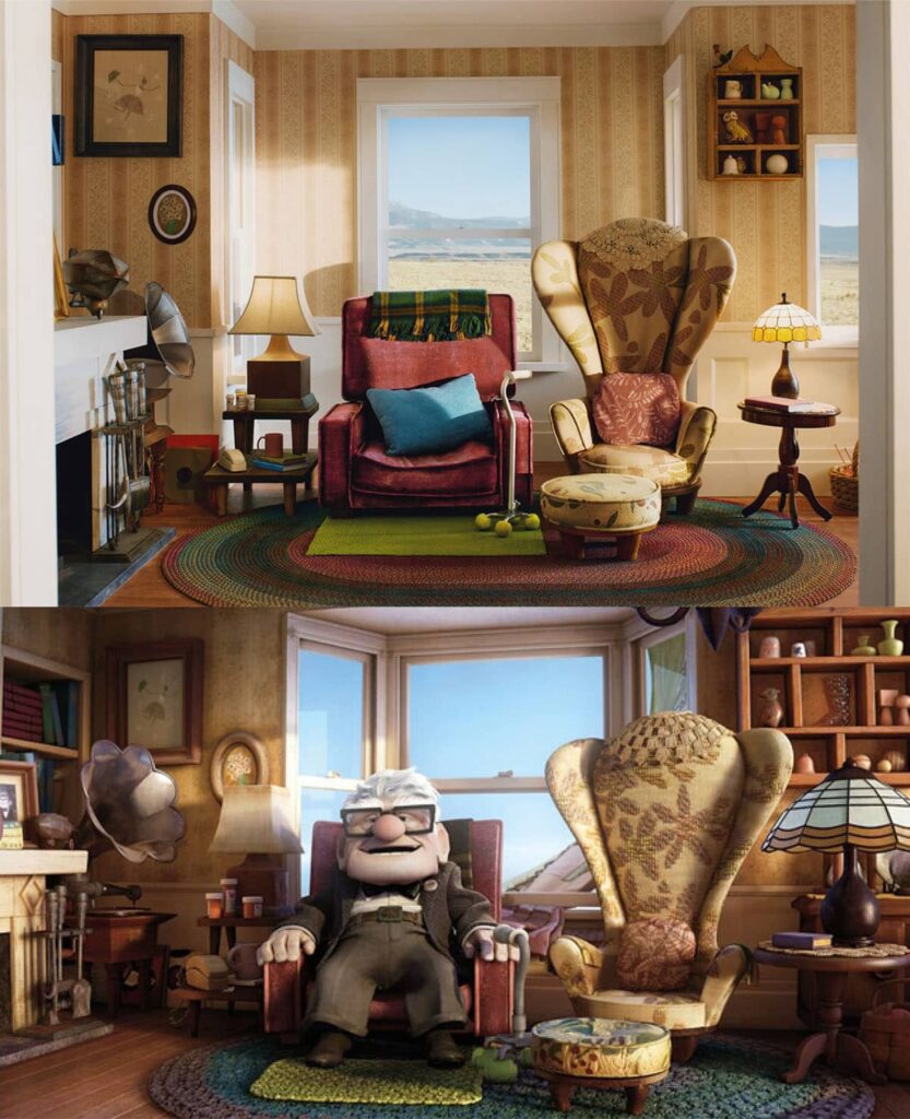 Comparing the living room with armchairs from the movie Up between real life and animation.