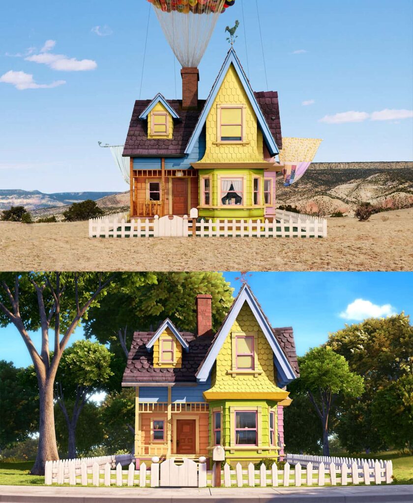 Comparing the front of the Up house between real life and animation.