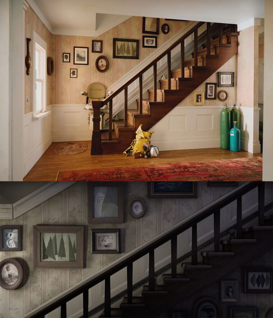 Comparing the stairway in the Up house between real life and animation.